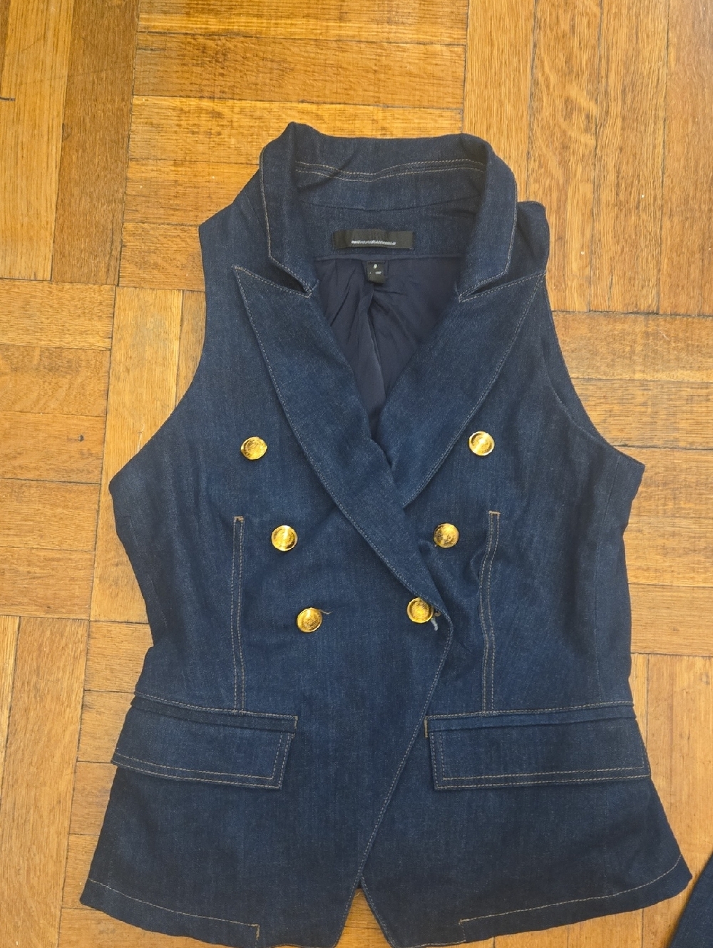 White House Black Market Dark Blue Denim Sleeveless Vest with Gold Buttons - Picture 7 of 11